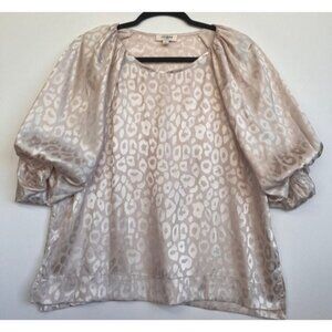 Umgee Ivory Satin Women’s Top Puff Sleeves Leopard Print Small Romantic Elegant